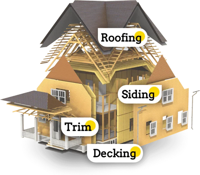 Cutaway illustration of a house with its roof, siding, trim and decking labelled